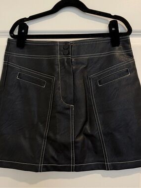 SIZE 2 | Topshop Black Faux Leather Mini Skirt with White Contrast Stitching